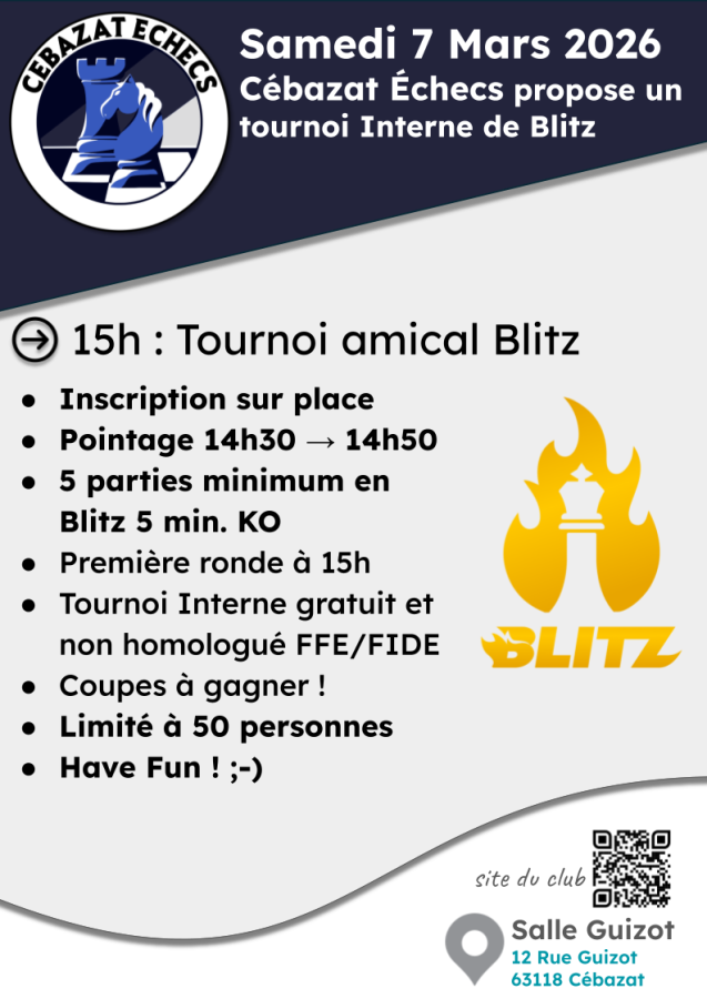 Samedi 7 Mars 2026 : Tournoi Interne de Blitz !
