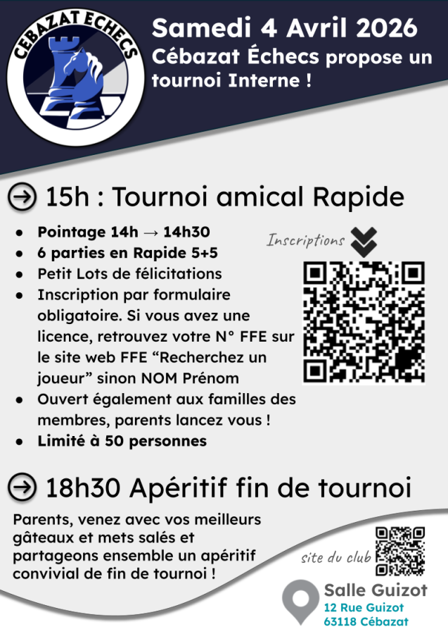 Tournoi Interne de Rapide le Samedi 4 Avril 2026